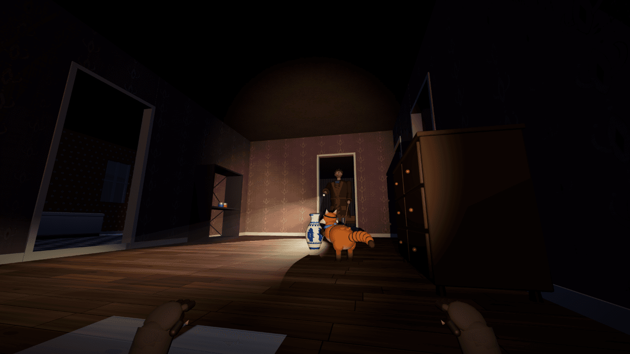 A raccoon’s-eye view of a dark room lit by a headlamp: a ginger raccoon carries Grandma’s vase while the Homeowner, in his bathrobe with a torch and a broom, stands in the doorway.