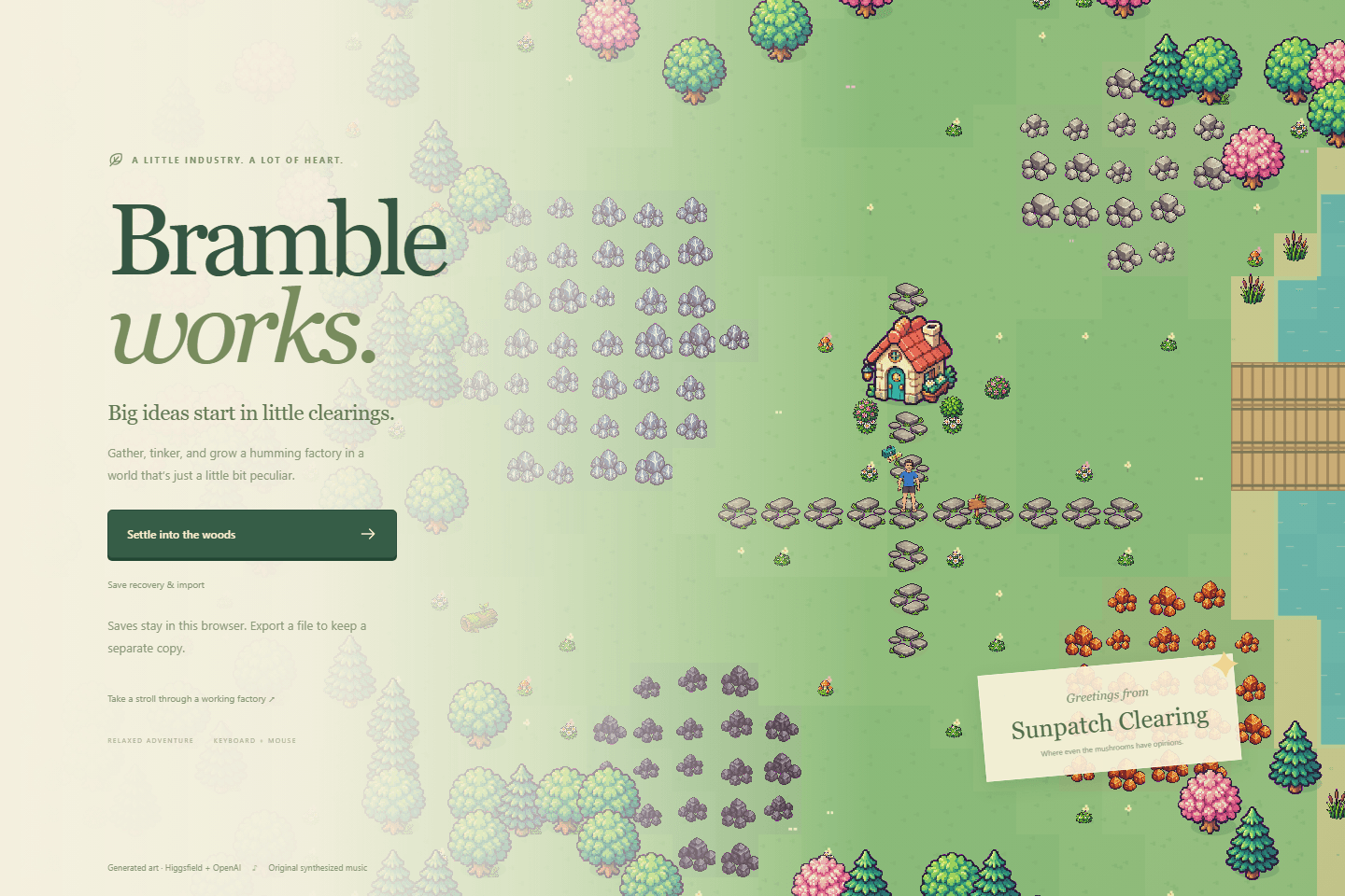 Brambleworks title screen with a woodland clearing, cabin, resources, and the builder.