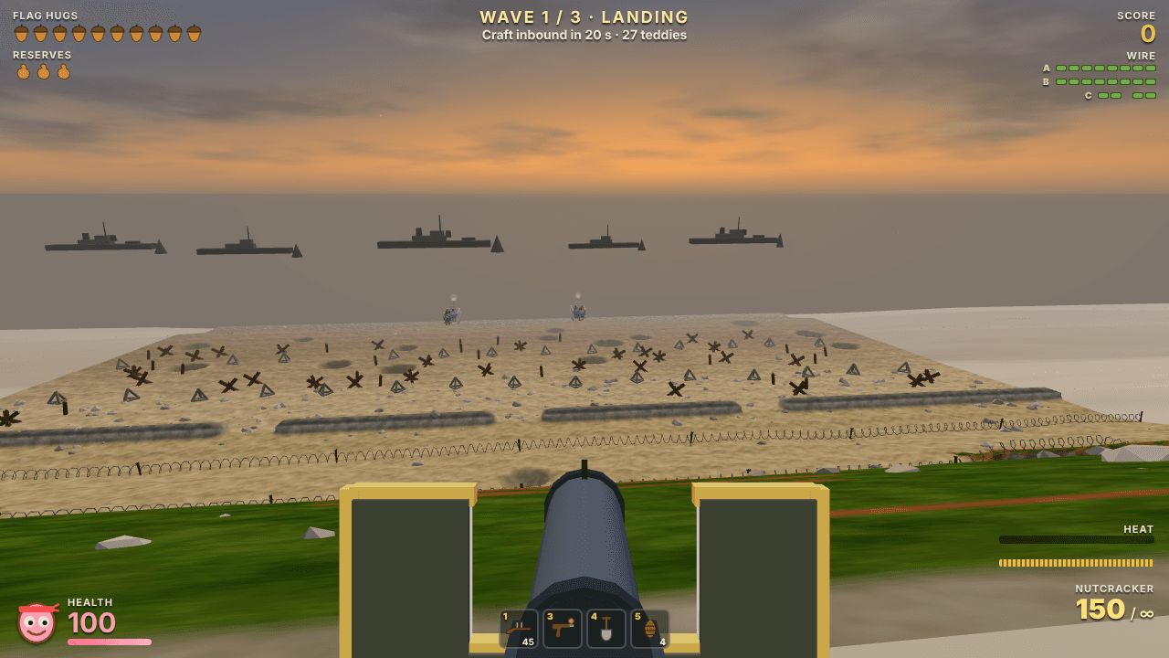 From the Nutcracker machine gun in a cliff-top bunker under an orange dawn sky, two landing craft full of teddy-bear soldiers have reached the waterline, with a line of warships on the horizon, beyond a sandy beach of craters, stakes, crossed-beam obstacles and rows of barbed wire.