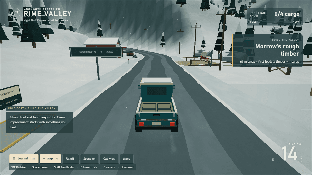A small flatbed truck on a snowy road toward Morrow's salvage area in Rime Valley.
