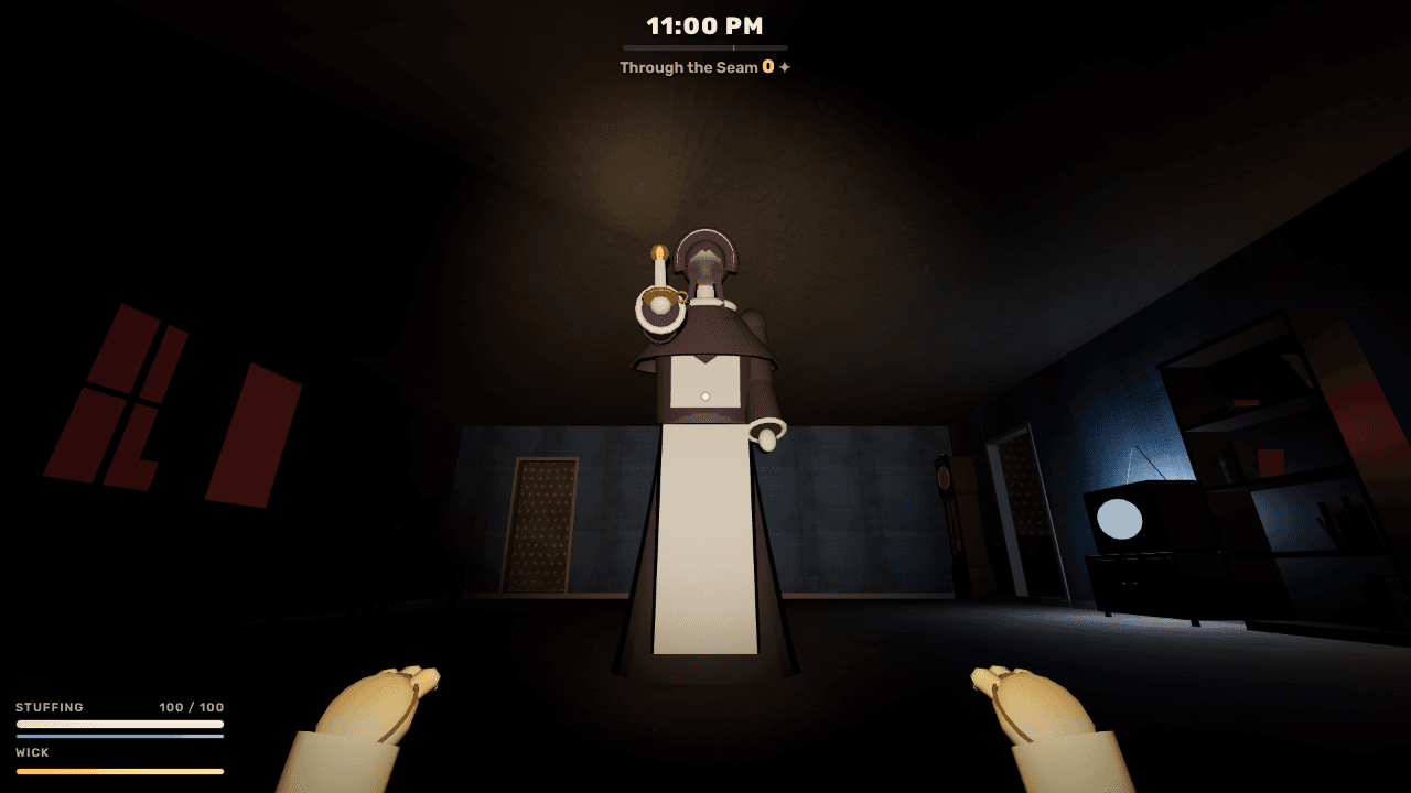 A teddy bear’s-eye view of a dark room: the Matron, tall in a bonnet and a white apron, holds up a lit candle over the bear’s two honey-coloured paws. A window glows red on the left; a grandfather clock, an old television and a bookcase stand on the right. The HUD shows 11:00 PM and the stuffing and wick bars.