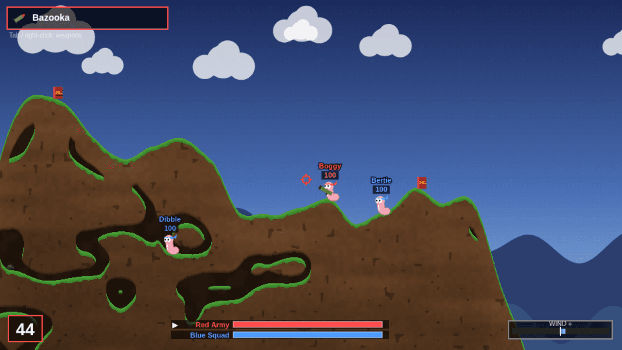 A red-team worm aims a bazooka at two blue-team worms on a grassy island riddled with caves.